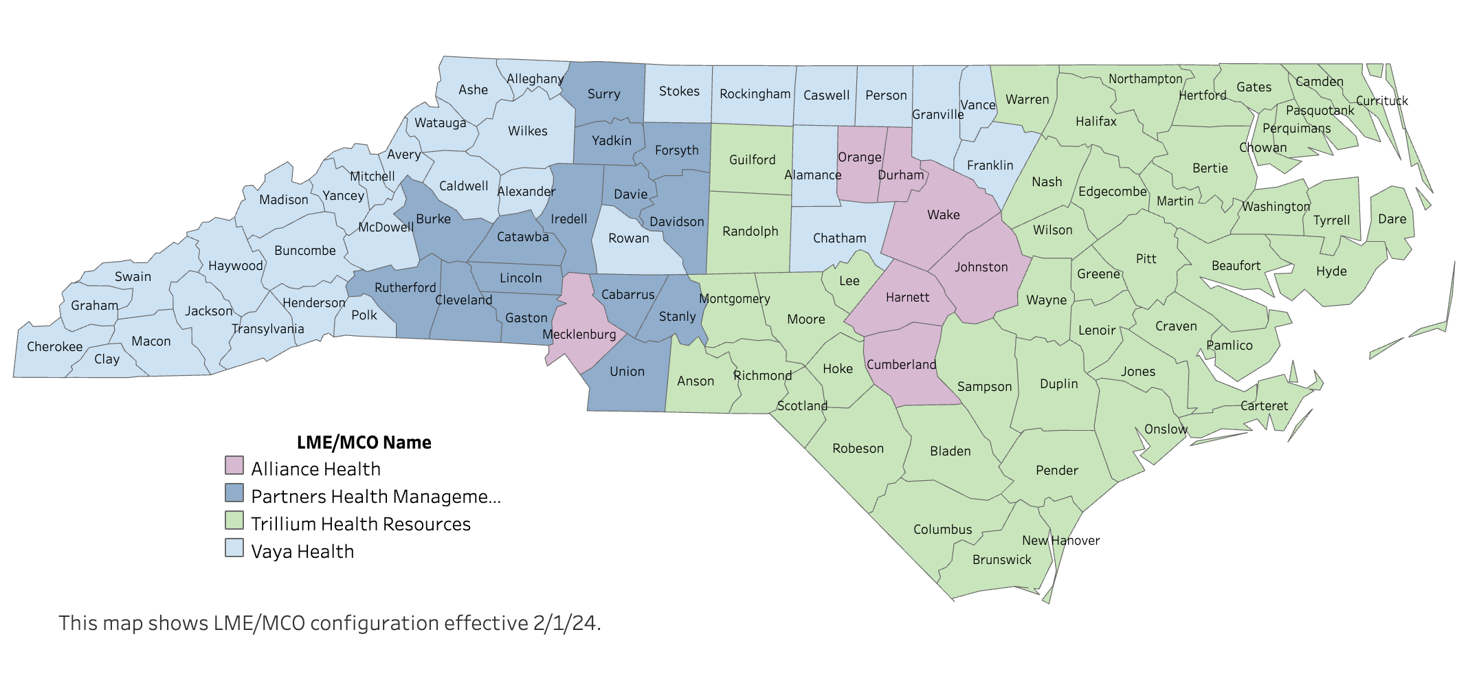 Local Management Entity/Managed Care Organizations (LME/MCOs)
NCDHHS Currently Has 4 LME/MCOs Operating Under the Medicaid 1915 b/c Waiver